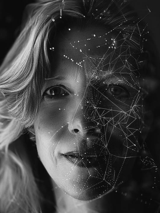 Black and white portrait of Elizabeth Strickler, half her face traced with a web of light points and lines